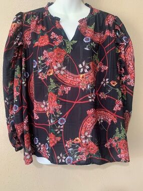Cupio size L Black Floral V-Neck Puff Sleeve Blouse Ruffle Trim Sleeves
